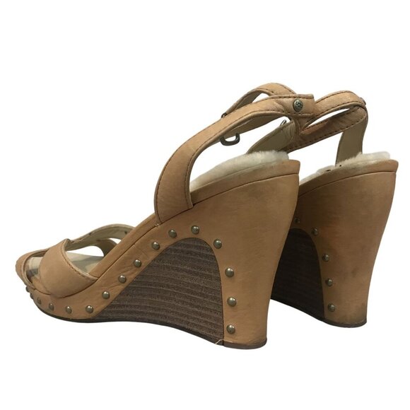 UGG Australia Tan Leather Wedge Sandals Shearling Footbed Studded Size 8.5 - Picture 10 of 12